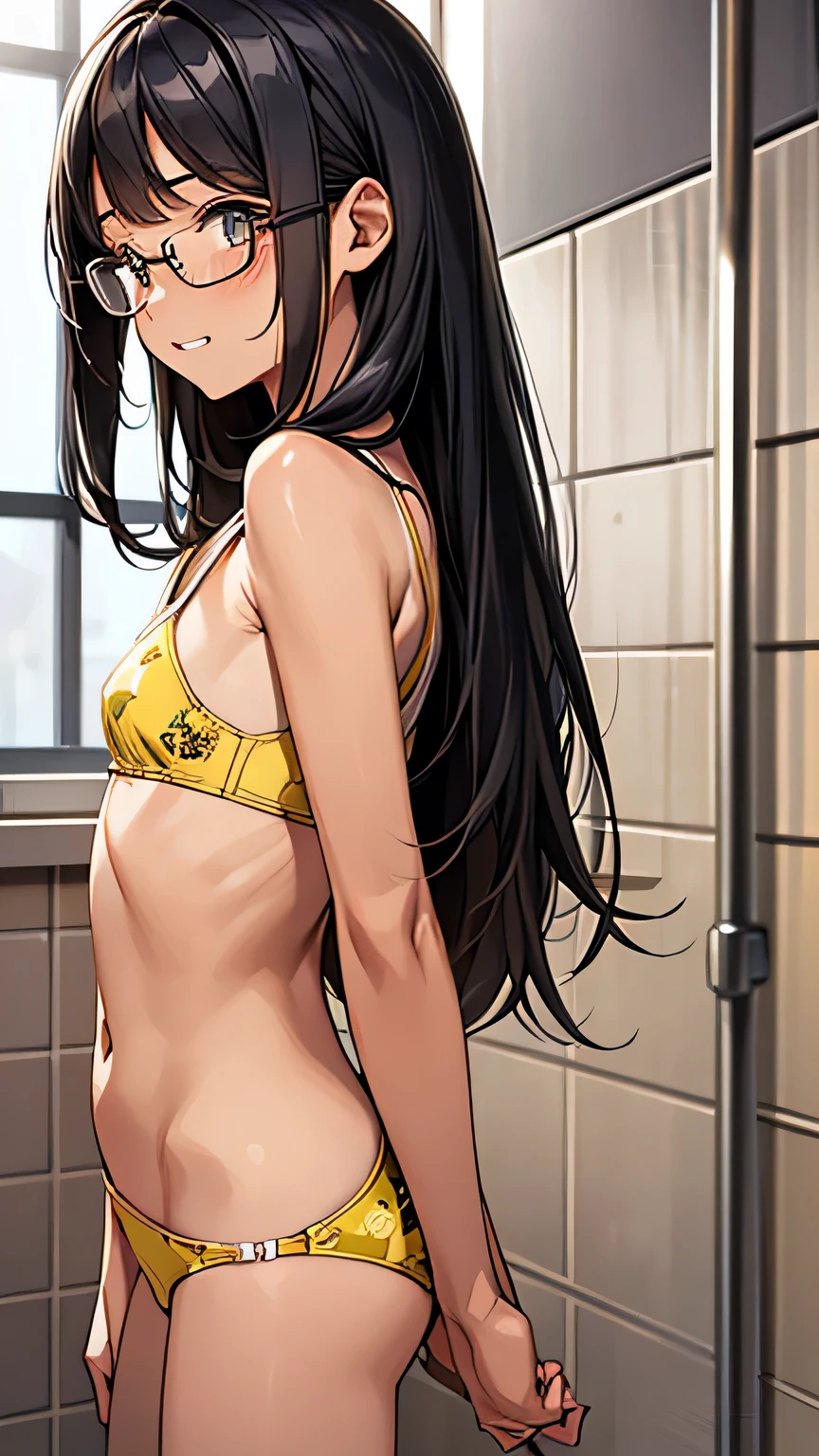 Highest quality、Realistic、、zoom、Primary school students、cute、Light grey eyes、Black Hair、Long Straight Hair、Tanned brown skin、Dark Skin、Light yellow bra with small character print、Light yellow panties with small character print、Shy laugh、Glasses、Flat Chest、。low length、Bust Shot、shower room、