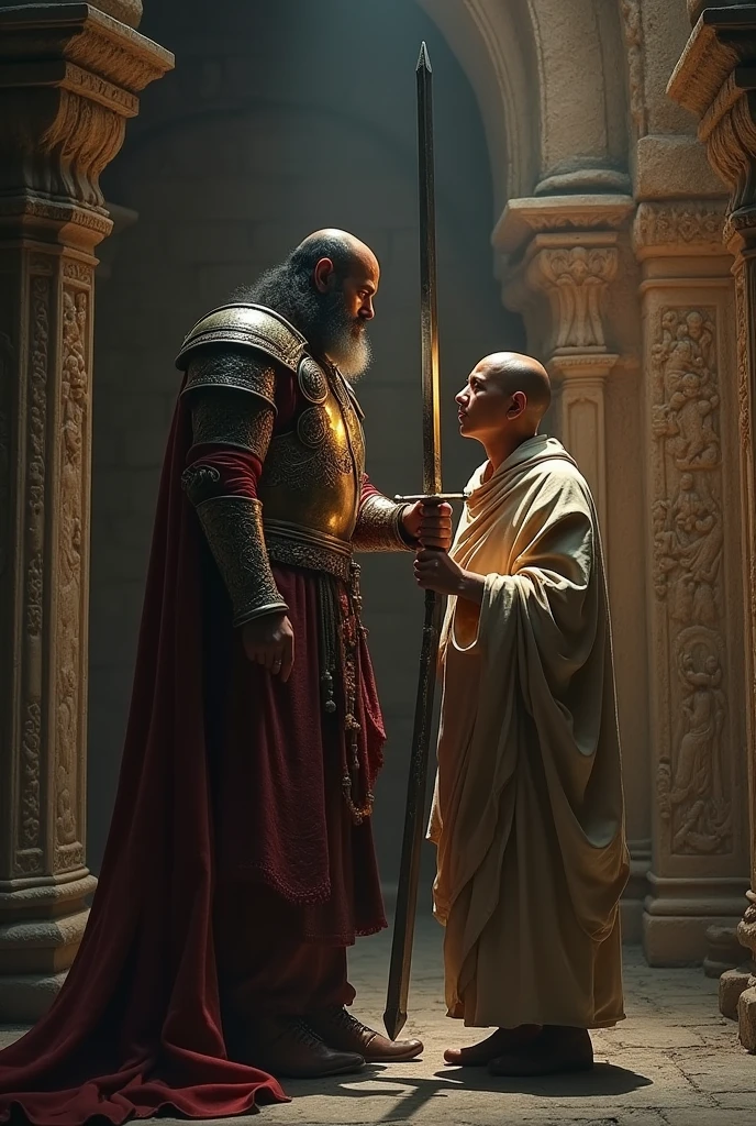 A king holds a sword monk neck