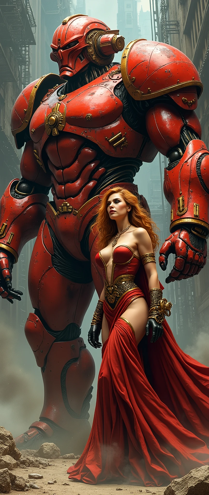 A glamorous steampunk heroine, adorned in intricate Red gold highlights and leather attire, stands confidently next to a colossal, mechanized red and gold titan. The scene is set against a dramatic, industrial backdrop reminiscent of Gerald Brom's dark and fantastical style combined with Frank Frazetta's dynamic and muscular aesthetics. The atmosphere is charged with a blend of gritty steampunk elements and epic fantasy, with an emphasis on bold contrasts and intense energy.