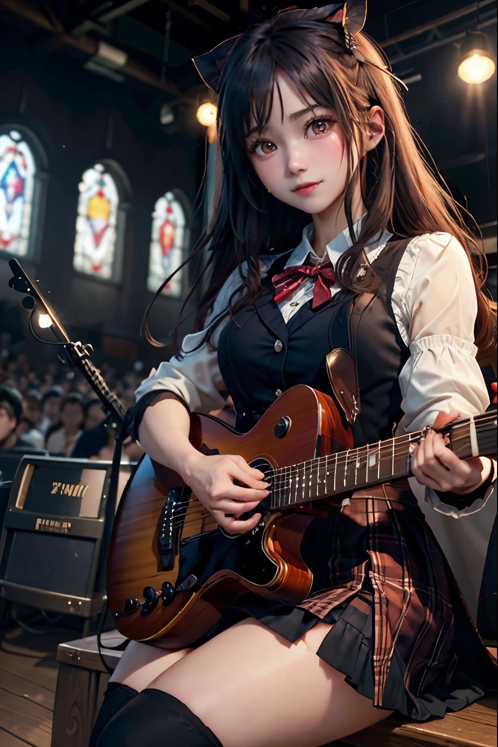High school girl blazer、uniform、Red checked knee-length skirt、Long skirt、JK Style、Jacket、smile、Knee-high socks、Thigh-high socks、pantyhose、Extremely beautiful、Super cute、ennui、Rare Beauty、Dark black eyeshadow、sad、Skin radiance、Long Hair Straight Hair、Dark Gothic Makeup、Dark Smile、Fragrant beauty、Stained glass background、masterpiece、Highest quality、See 5 books、Sweat glistening on my chest、Sweat glistening on the face、Small breasts、22 years old、Slightly slim、Mysterious look、Sad look、Mysterious Gothic Church、enchanting castle、Excessive sweating all over the body、Thighsに大量の汗と光、光沢のあるThighs、Thighs、Thighsに大量の汗が光る、sweat profusely、Gal、Small breasts、Japanese face、Captivating look、細いThighs、play the guitar、I have a guitar、Enthusiastic singing、バンドでplay the guitar、Playing guitar chords、Background of the live music venue、Sing a song、Open your mouth、Scenery of a live music venue、Mike stand、Glamorous live stage、Dynamic Angles、Vivid straight long hair、delicate straight hair、