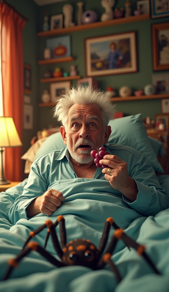 A 60-year-old man is lying in bed eating grapes.
There is a giant spider under his feet.
The old man is terrified. 3D 4K high-definition image.
Humorous image.