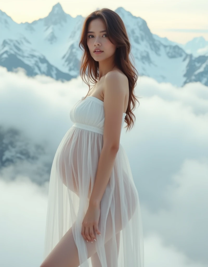 (Masterpiece), Perfect, side view of a brown hair pregnant nude woman in white transparent dress, look at viewer, beautiful face, the iris of her eyes are equally proportional in size and equally illuminated by light, she have elegant hairstyle, normal legs, sharpness in the photo, focus on the face and eyes of this woman, she standing among thick white clouds and mountain peaks visible from the clouds panorama and background