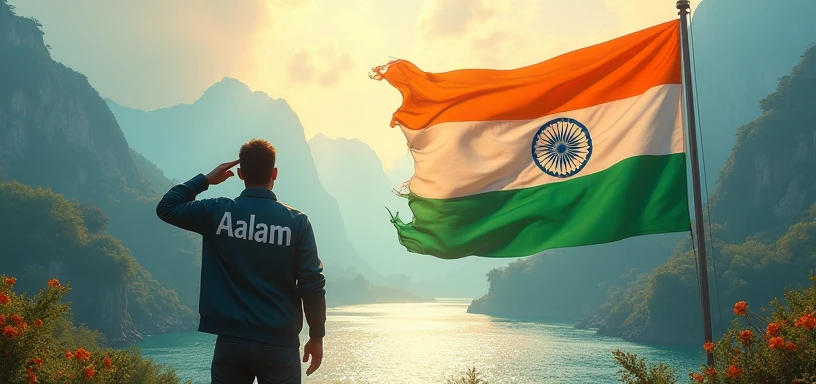 On the right side, a large Indian flag waves proudly, with a Man standing and saluting it. His back is to the viewer, and on the back of his jacket, the name 'Aalam' is clearly written. On the left side, a serene landscape with mountains and a flowing river completes the scene, creating a patriotic and picturesque 3D environment