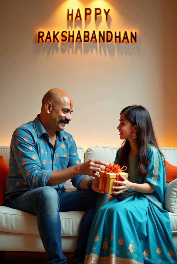 create 3d illusion image A 35 year old boy blad head with moustache are with ng face to face on a White sofa in the house, the boy has extended one of his hands forward, on which the girl is tying a bracelet with both her hands, the boy is wearing a blue paint orange shirts dress And the girl is wearing a Blue lehenga, the boy has a gift box in his other hand, is smiling, the boy has applied tilak on his forehead, and on the wall in bold letters”HAPPY RAKSHABANDHAN” “ veer