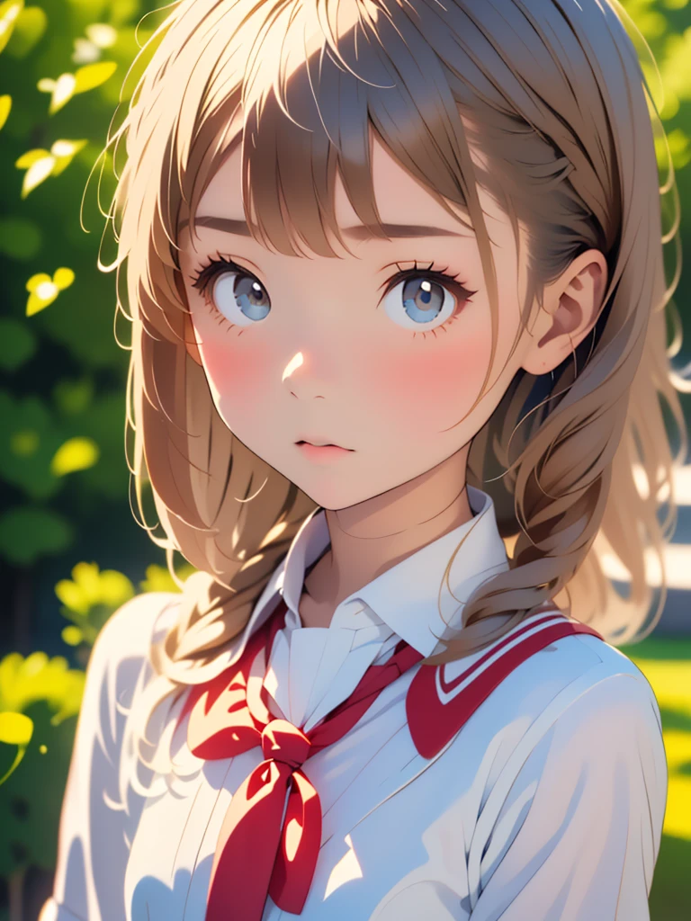 Old body portrait of a beautiful girl、Delicate、detaileds、masterpiece、Real Stick, ((1 girl)), 3D background、Backgrounds with depth、Realistically exaggerate changes in material texture、Exaggeration of gloss、The best transcendental virtuosity, flat breasts, junior high uniform, 13 years old