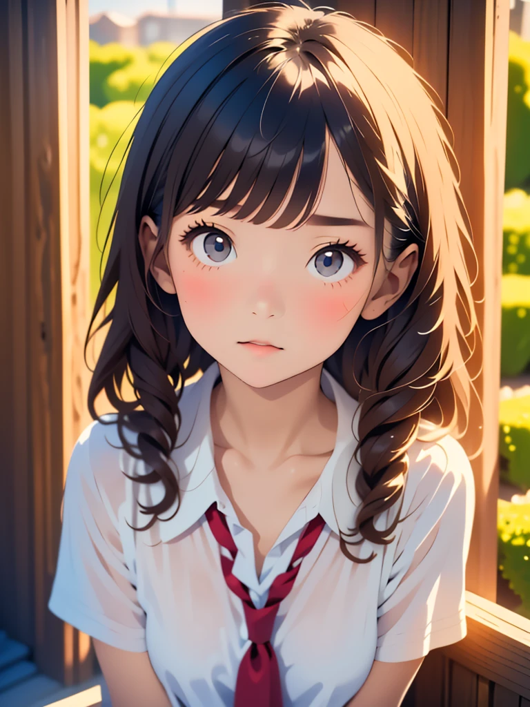 Old body portrait of a beautiful girl、Delicate、detaileds、masterpiece、Real Stick, ((1 girl)), 3D background、Backgrounds with depth、Realistically exaggerate changes in material texture、Exaggeration of gloss、The best transcendental virtuosity, flat breasts, junior high uniform, 13 years old