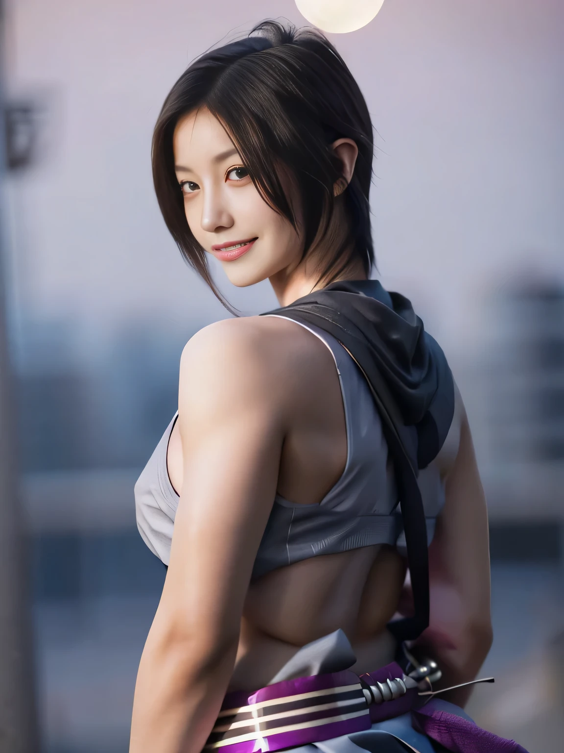 20 year old Japanese beauty,One woman、Muscular body like a bodybuilder、Emphasize the breasts、Slit eyes、A head-to-toe view,Bust is very very large、Full moon night in the background、High quality photos、Clear, crisp images of the lower body、Masterpiece 8k、Smiling、He holds a shuriken in his right hand、From the front, from the side, from the back, etc.々from what camera angle to shoot、A ninja costume of purplish-red color