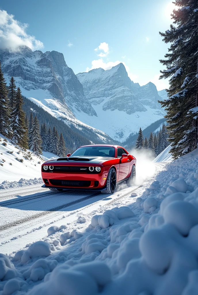 Dodge Challenger en montañas con nieve