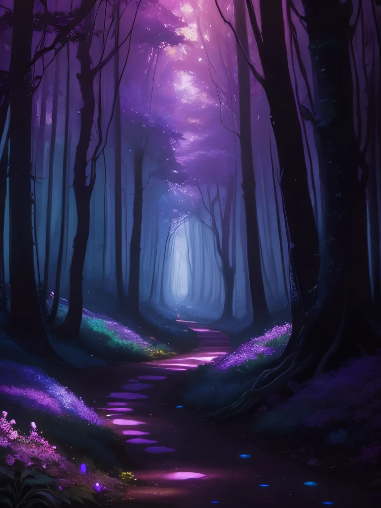 painting of a path in a forest with purple flowers, a digital rendering inspired by Maxfield Parrish, flickr, psychedelic art, glowing forest, beautiful lush colors, forest colors, dark neon colored rainforest, magical colors and atmosphere, magical colours and atmosphere, really beautiful forest, magical forest, magical forest in the background, incredible colors, bioluminescent forest floor