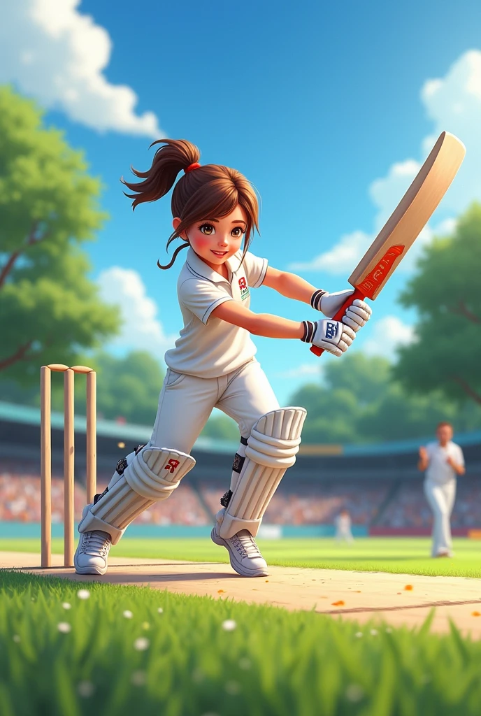 Girl cricket batting  in whites playing shots.