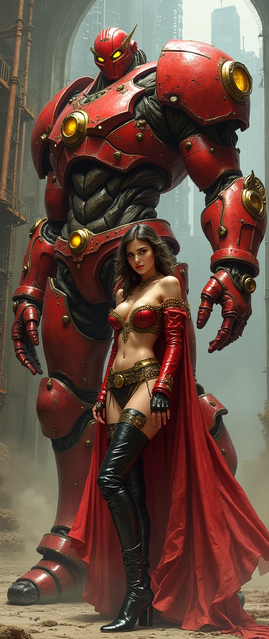 A glamorous steampunk heroine, adorned in intricate Red gold highlights and leather attire, stands confidently next to a colossal, mechanized red and gold titan. The scene is set against a dramatic, industrial backdrop reminiscent of Gerald Brom's dark and fantastical style combined with Frank Frazetta's dynamic and muscular aesthetics. The atmosphere is charged with a blend of gritty steampunk elements and epic fantasy, with an emphasis on bold contrasts and intense energy.