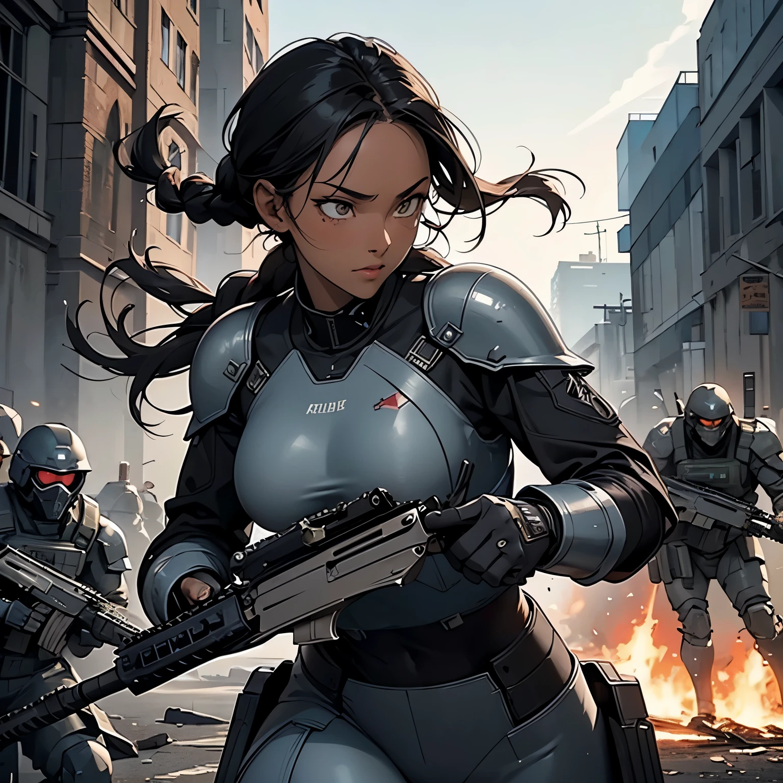 nsfw, anime screencap, 16K, perfect anatomy proportion body, perfect hands, action, A dynamic composition with a sense of speed and movement, (Hold an assault rifle:1.6), a wife, 40age, perfect beautiful delicate sexy face, perfect beautiful delicate eyes, braid-in-braid black hair, (dark skin:1.6), huge breasts, abs, Camouflage-colored heavy armored steam engine full armor powered suit, Many heavily armored robot soldiers are engaged in a firefight in the background., Flying bullets, Urban battlefields, war, Post-apocalyptic,