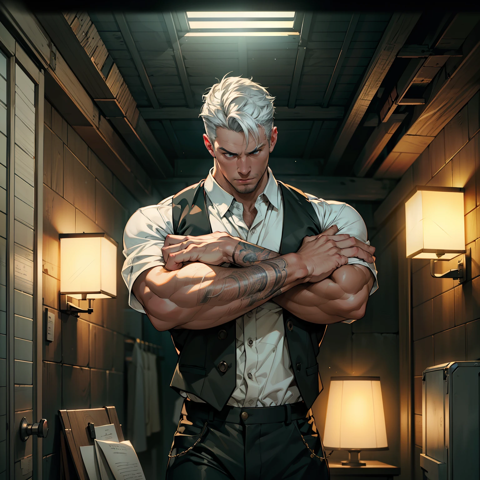 military general, 50yo, sitting in his office behind the desk, big muscles, bold, hairless, tanktop, cyberpunk style, simetric shot