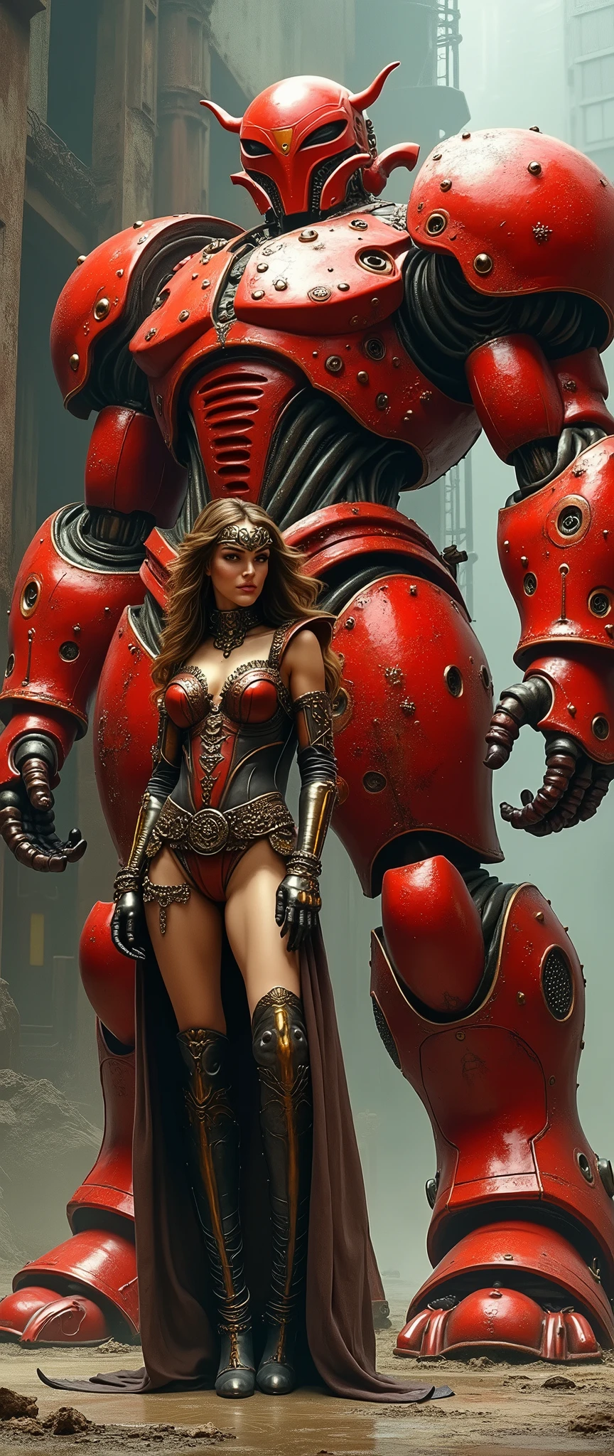 A glamorous steampunk heroine, adorned in intricate Red gold highlights and leather attire, stands confidently next to a colossal, mechanized red and gold titan. The scene is set against a dramatic, industrial backdrop reminiscent of Gerald Brom's dark and fantastical style combined with Frank Frazetta's dynamic and muscular aesthetics. The atmosphere is charged with a blend of gritty steampunk elements and epic fantasy, with an emphasis on bold contrasts and intense energy.