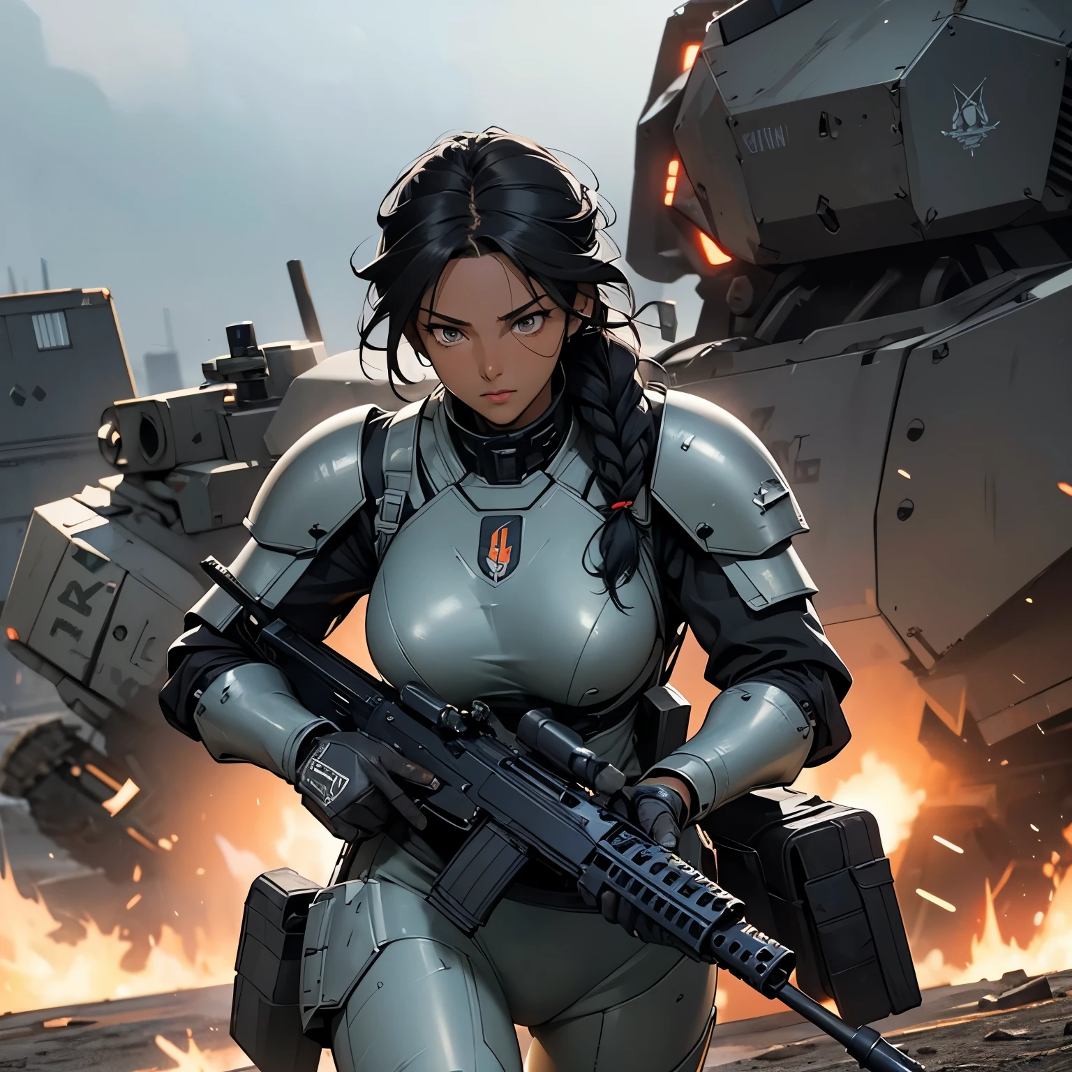 nsfw, anime screencap, 16K, perfect anatomy proportion body, perfect hands, action, A dynamic composition with a sense of speed and movement, (Hold an assault rifle:1.6), a wife, 40age, perfect beautiful delicate sexy face, perfect beautiful delicate eyes, braid-in-braid black hair, (dark skin:1.6), huge breasts, abs, Camouflage-colored heavy armored steam engine full armor powered suit, Many heavily armored robot soldiers are engaged in a firefight in the background., Flying bullets, Urban battlefields, war, Post-apocalyptic,