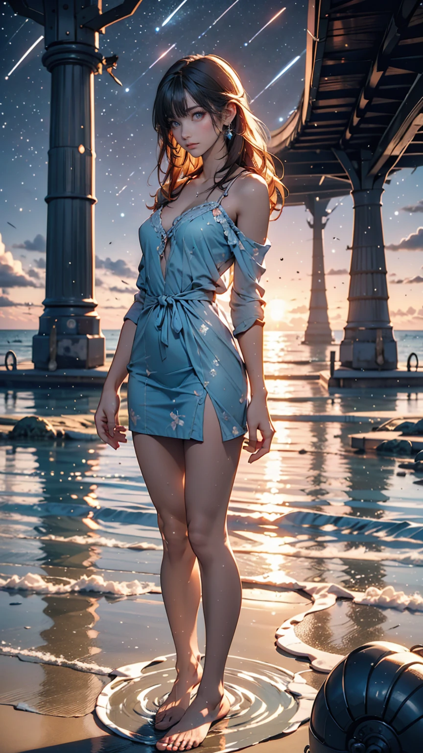 ((masterpiece, Highest quality)), At night, Sheer, thin clothes, girl, Put one foot in the sea using only your toes, girl standing, girl sideways,  between the horizon and the sea, Side view, Ripples spread from my toes, The scene is about 20 metres away., On the Sea, At night, the whole scene is shining, There is a meteor shower
