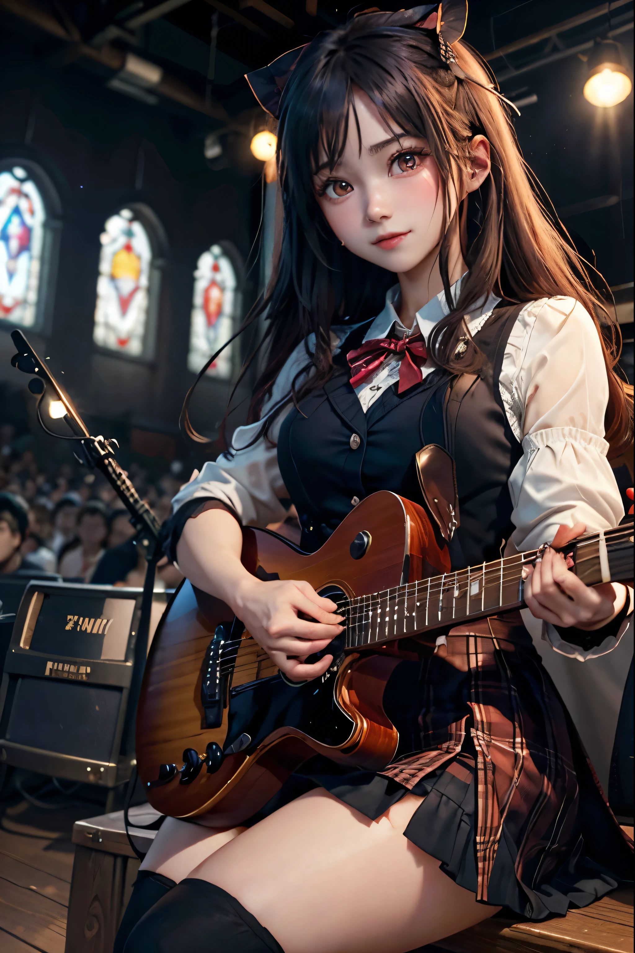 High school girl blazer、uniform、Red checked knee-length skirt、Long skirt、JK Style、Jacket、smile、Knee-high socks、Thigh-high socks、pantyhose、Extremely beautiful、Super cute、ennui、Rare Beauty、Dark black eyeshadow、sad、Skin radiance、Long Hair Straight Hair、Dark Gothic Makeup、Dark Smile、Fragrant beauty、Stained glass background、masterpiece、Highest quality、See 5 books、Sweat glistening on my chest、Sweat glistening on the face、Small breasts、22 years old、Slightly slim、Mysterious look、Sad look、Mysterious Gothic Church、enchanting castle、Excessive sweating all over the body、Sweat dripping down thighs, shining in the light、Shiny thighs、Thighs、Sweat on thighs, shining brightly、sweat profusely、gal、Small breasts、Japanese face、Captivating look、Thin Thighs、play the guitar、I have a guitar、Enthusiastic singing、play the guitar in a band、Playing guitar chords、Background of the live music venue、Sing a song、Open your mouth、Scenery of a live music venue、Mike stand、Glamorous live stage、Dynamic Angles、Vivid straight long hair、delicate straight hair、
