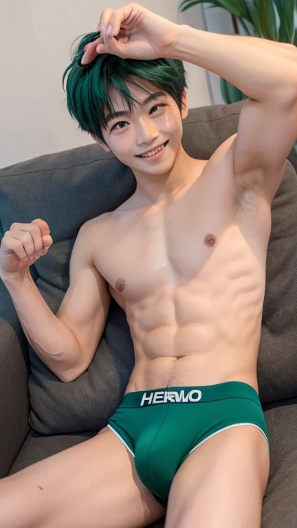 Japanese men、、Well-developed muscles and smooth skin、Fluffy, voluminous, bright green hair、Orange thin boxer briefs、See your whole body from head to toe、Smiling friendly and warmly、Hero Academy、Posing on a sofa set