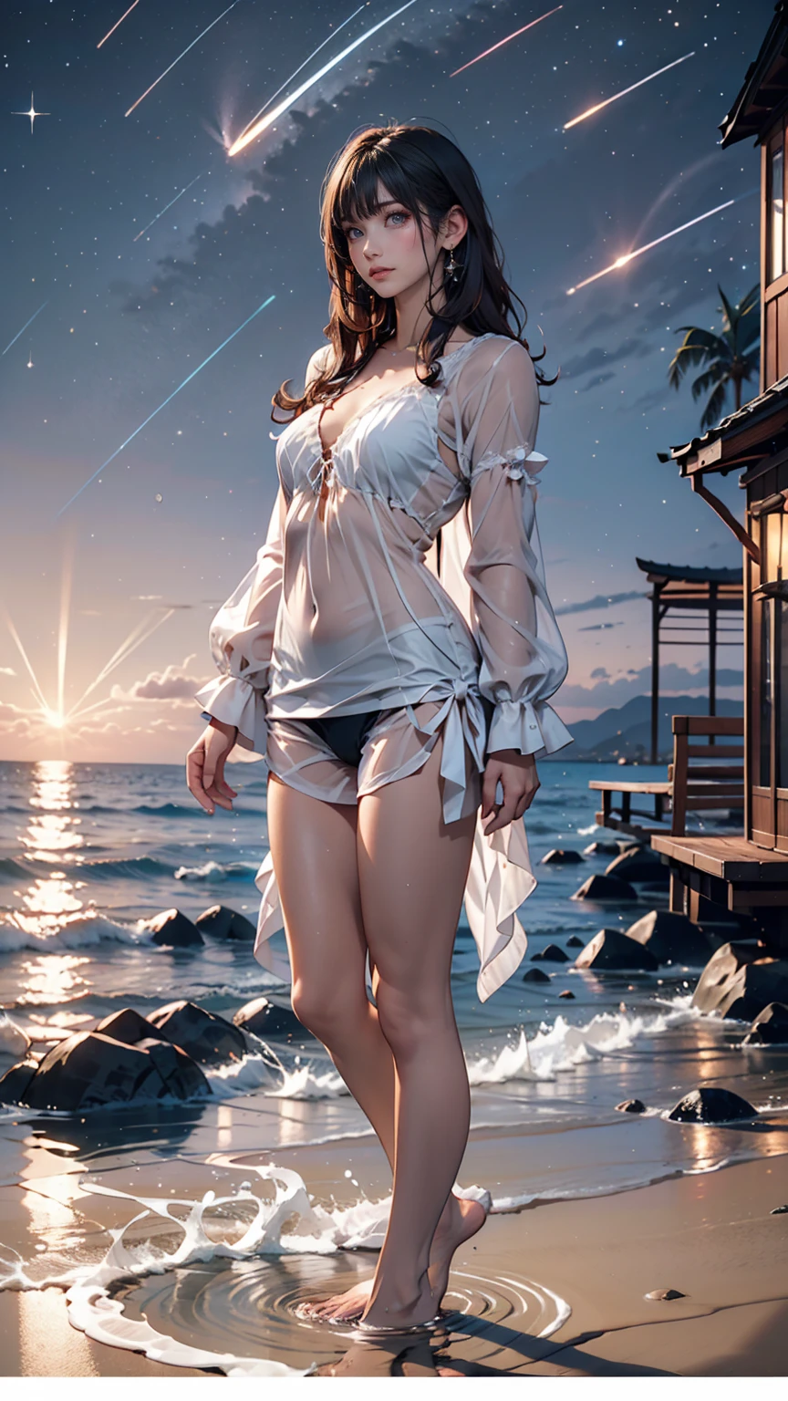 ((masterpiece, Highest quality)), At night, Sheer, thin clothes, girl, Put one foot in the sea using only your toes, girl standing, girl sideways, between the horizon and the sea, Side view, Ripples spread from my toes, The scene is about 20 metres away., On the Sea, At night, the whole scene is shining, There is a meteor shower