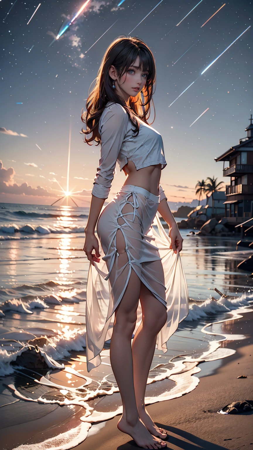 ((masterpiece, Highest quality)), At night, Sheer, thin clothes, girl, Put one foot in the sea using only your toes, girl standing, girl sideways,  between the horizon and the sea, Side view, Ripples spread from my toes, The scene is about 20 metres away., On the Sea, At night, the whole scene is shining, There is a meteor shower
