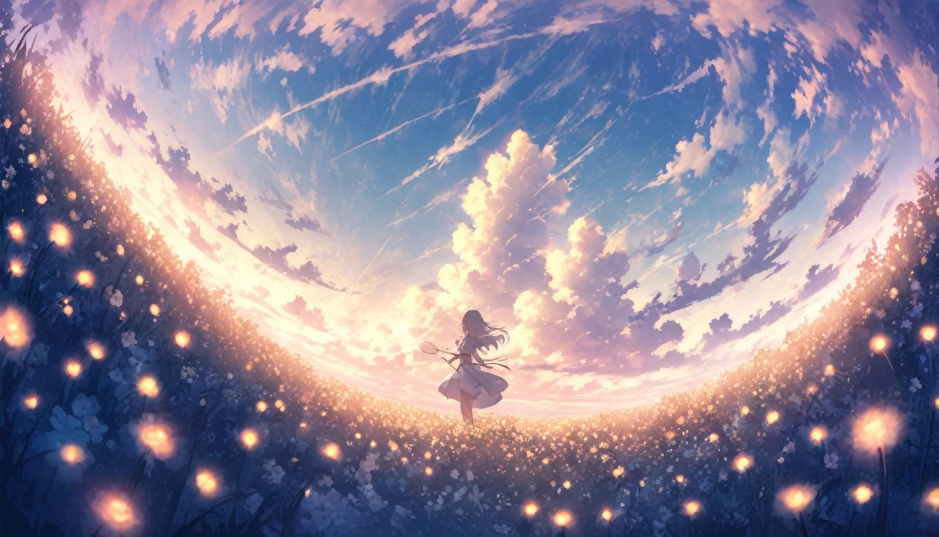 blue sky, White clouds floating in the distance, Standing on a sea of flowers, holding a fairy wand、There are fireflies flying around. The background is filled with cloud flowers of all sizes., Creates a dreamy, dreamy atmosphere with blue tones. High-definition anime style, High resolution. Panoramic view from above, Capturing the vastness of nature. Soft lighting creates a warm atmosphere.