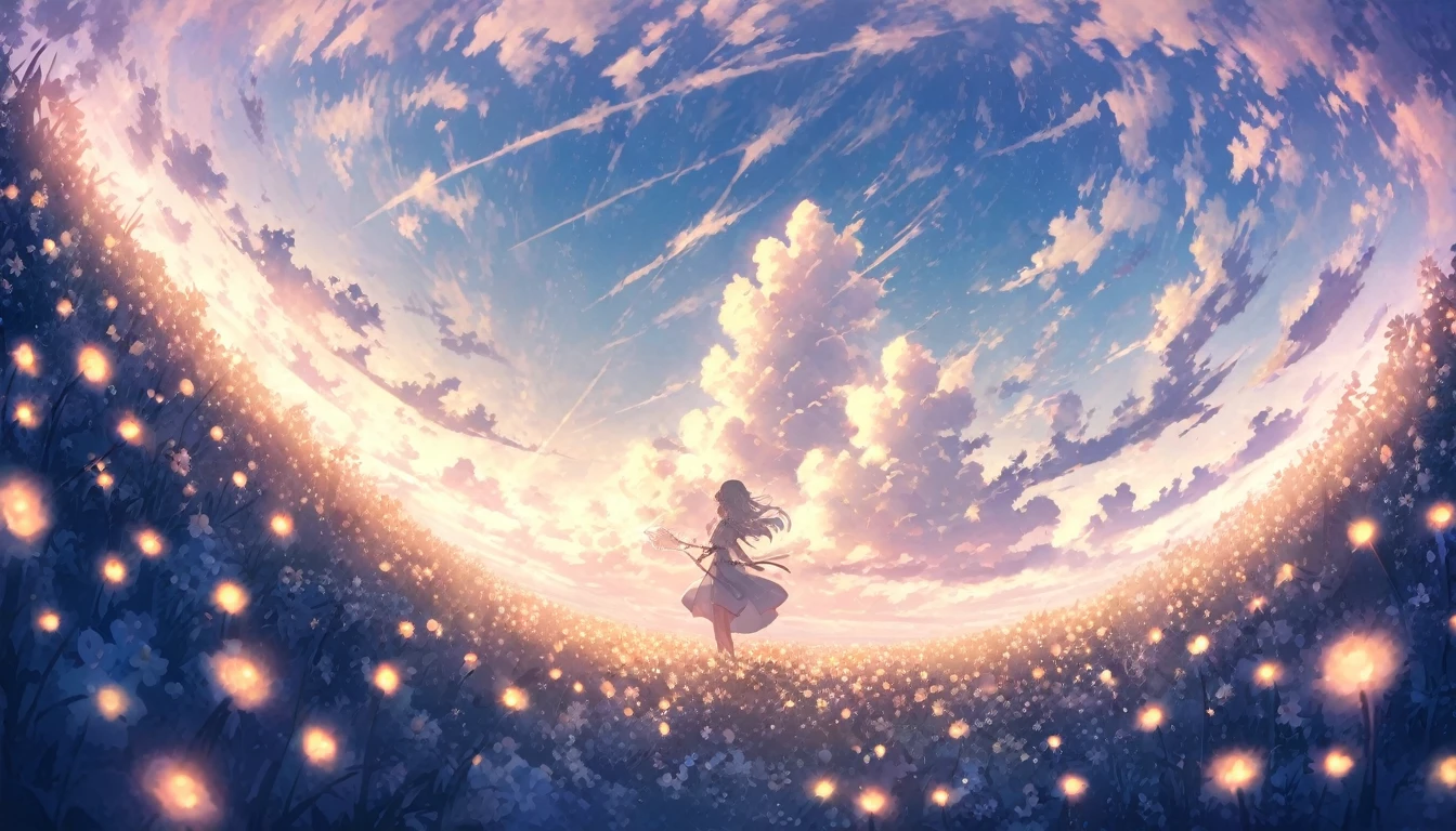 blue sky, White clouds floating in the distance, Standing on a sea of flowers, holding a fairy wand、There are fireflies flying around. The background is filled with cloud flowers of all sizes., Creates a dreamy, dreamy atmosphere with blue tones. High-definition anime style, High resolution. Panoramic view from above, Capturing the vastness of nature. Soft lighting creates a warm atmosphere.
