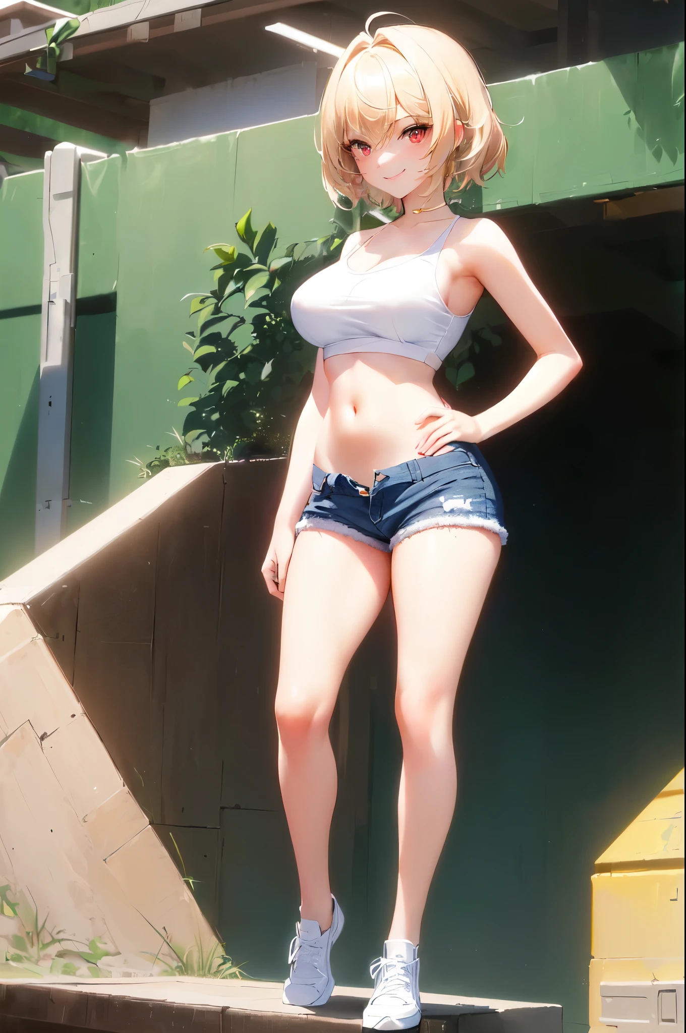Create an image of a 20-year-old teenage woman. He has an angelic face with red eyes, White skin. its height is 1,70 meters and has a detailed physique with large, firm breasts. Short blonde hair, Wear a white tank top, neckline, Mini shorts sexy color azul,, visible navel, with both hands on his hips, straight and firm, looking towards the camera with a smile