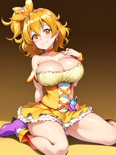 Tabletop, Highest quality, View your viewers, Depth of written boundary, walk, ((Drunk smile)), One Girl, Cure Peach, Pretty Cure, ((Big breasts are voluptuous)),One side up, short hair, Hair Ribbon, Frills, Short sleeve, Wrist cuff, Orange Choker, rainbow colored boots, Iridescent colors_skirt,From below,Spread your legs