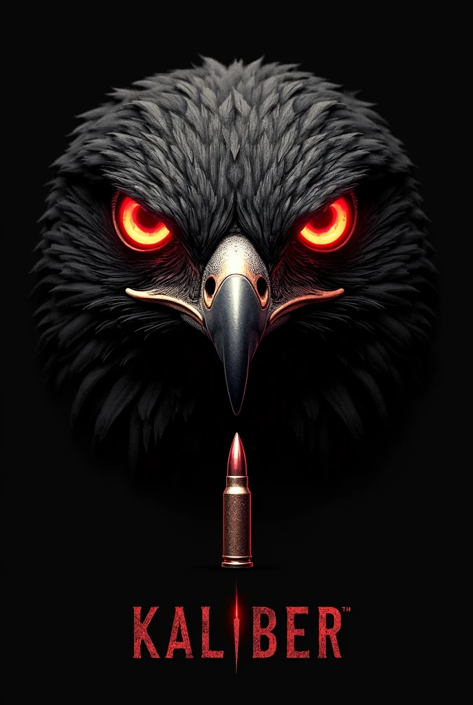 The face of a red eyes hawk logo with the word kaliber below it with the a bullet going through the letter e in the word kaliber