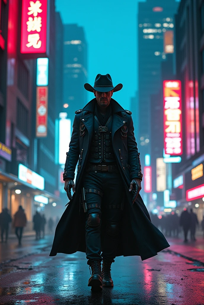 Futuristic Outlaw Cowboy with a suit full of gadgets and weapons and a long jacket 
