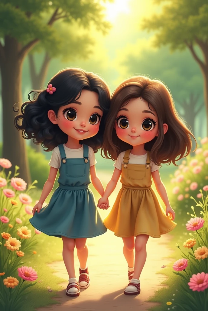 
Two girls who are a couple, in a park walking hand in hand one of them with black curly hair and black hair, fair skin and bright black eyes with beautiful lashes and blushing cheeks, the other girl also with fair skin brown straight hair, medium brown eyes with a green tint and rosy cheeks with a mole on the left cheek 