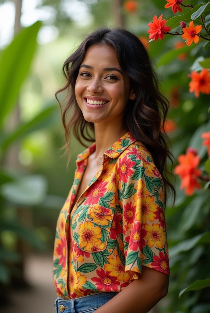 A Brazilian woman in a lush tropical garden, wearing an open shirt with a floral print, with a close-up capturing the harmonious beauty between her breasts and the natural flowers, showing off your natural charm and outgoing personality.