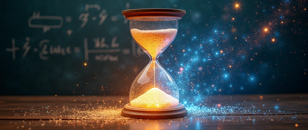 Split-screen cosmic hourglass: top half filled with undulating light waves, bottom with glowing particles. Center: Einstein's face formed by stars. Hourglass cracks, light escapes as both waves and particles. Background: chalkboard with quantum equations. Foreground: prism refracting rainbow. Sleek chrome text: 'Light's Quantum Leap'"