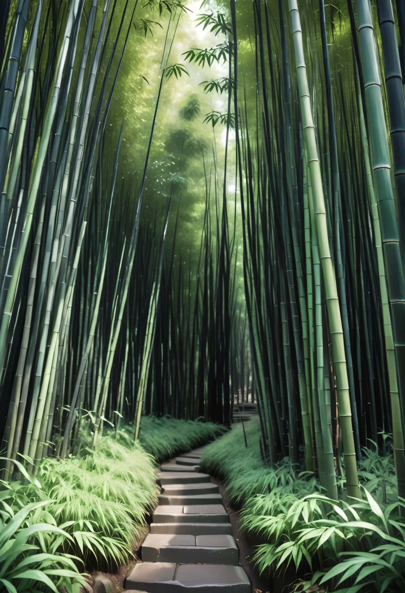 大bamboo forest, 隐藏在石窟中的大片茂密bamboo forest, bamboo forest, Green and black color scheme only, Green and black colors only, Green and black, From the abyss, Mitsushi, Studio Ghibli, Animation main visual, author：Shinkai Makoto, Dark, complex, 8k resolution concept art, Natural Lighting, Beautiful composition, Xianxia style
