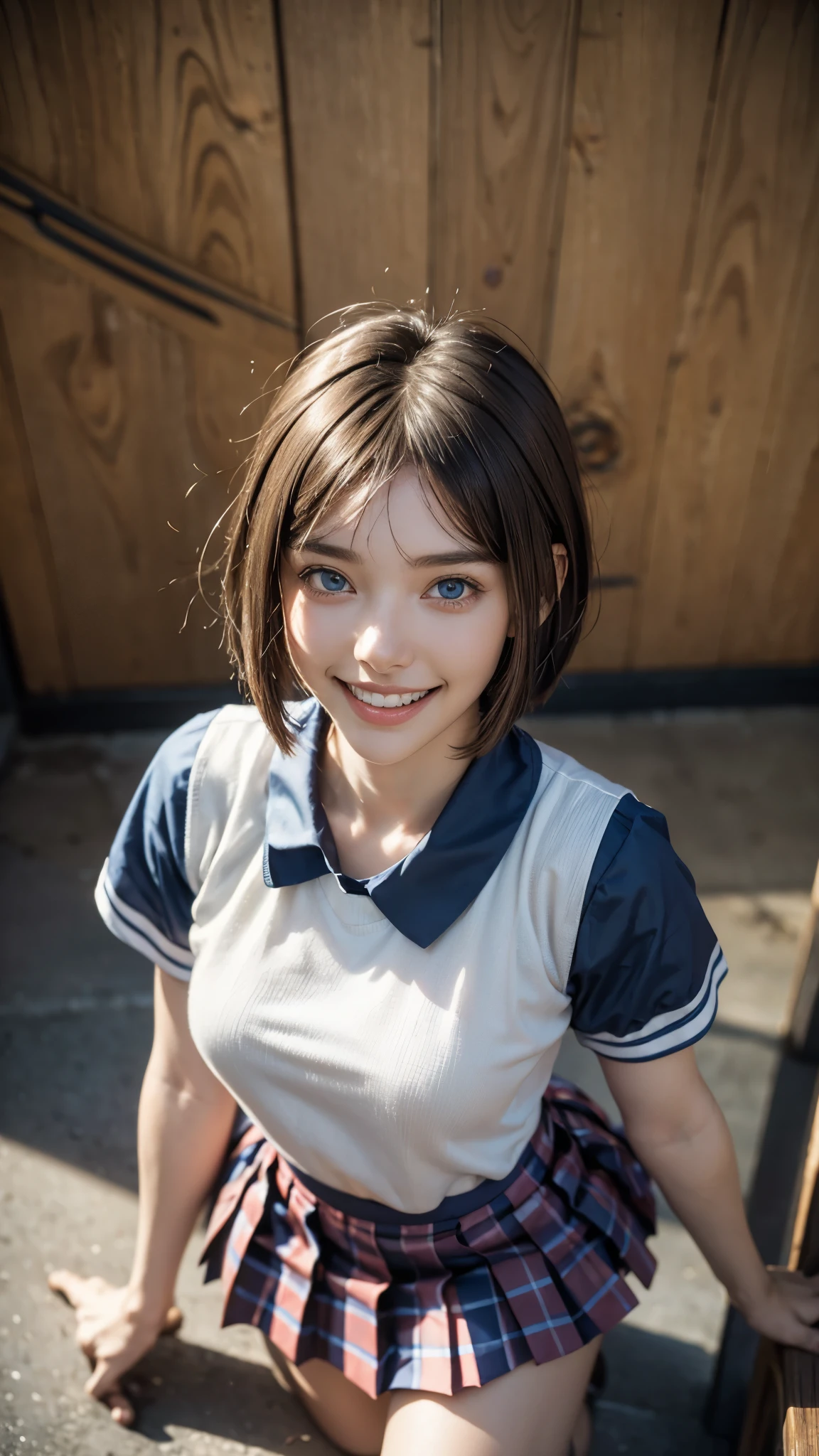 Highest quality, masterpiece, Ultra-high resolution,8k,((Toothy smile portrait:1.4)), (Realistic:1.6), ((Blue Eye)),((A radiant smile)), RAW Photos,((Lacrosse Uniforms)),((Red checked pleated skirt)),((Soft looking breasts)),((Full body photo)),1 person,Slim 22 year old adult female,(Full of smiles, )) ,((Short bangs,Straight Bob Cut)),((Ribbon in hair)),((Looking up at the audience)),Face Focus:1.4,((Shot from above:1.15)),
