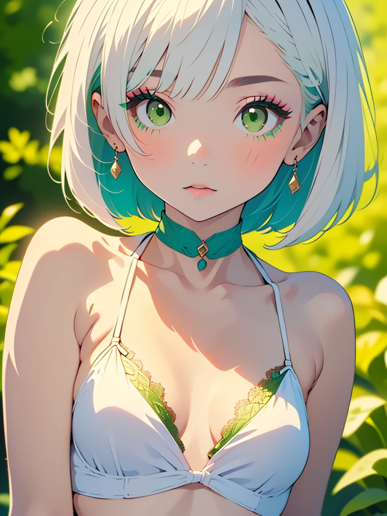 A cute girl in a swimsuit（original bikini swimsuit）(Small body) (:1.5), (platinum hair:1.5）(eyelash:1.2)(eye shadow:1.3) (Green eyes:1.5), (Beautiful fine details:1.4) (Short Bob Hair:1.4), (medium Breasts:1.3) (White skin:1.2) original character,