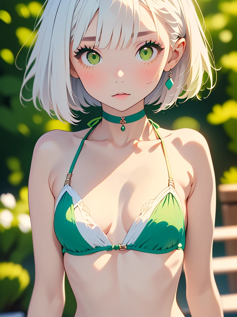 A cute girl in a swimsuit（original bikini swimsuit）(Small body) (Little Girl:1.5), (platinum hair:1.5）(eyelash:1.2)(eye shadow:1.3) (Green eyes:1.5), (Beautiful fine details:1.4) (Short Bob Hair:1.4), (medium Breasts:1.3) (White skin:1.2) original character,