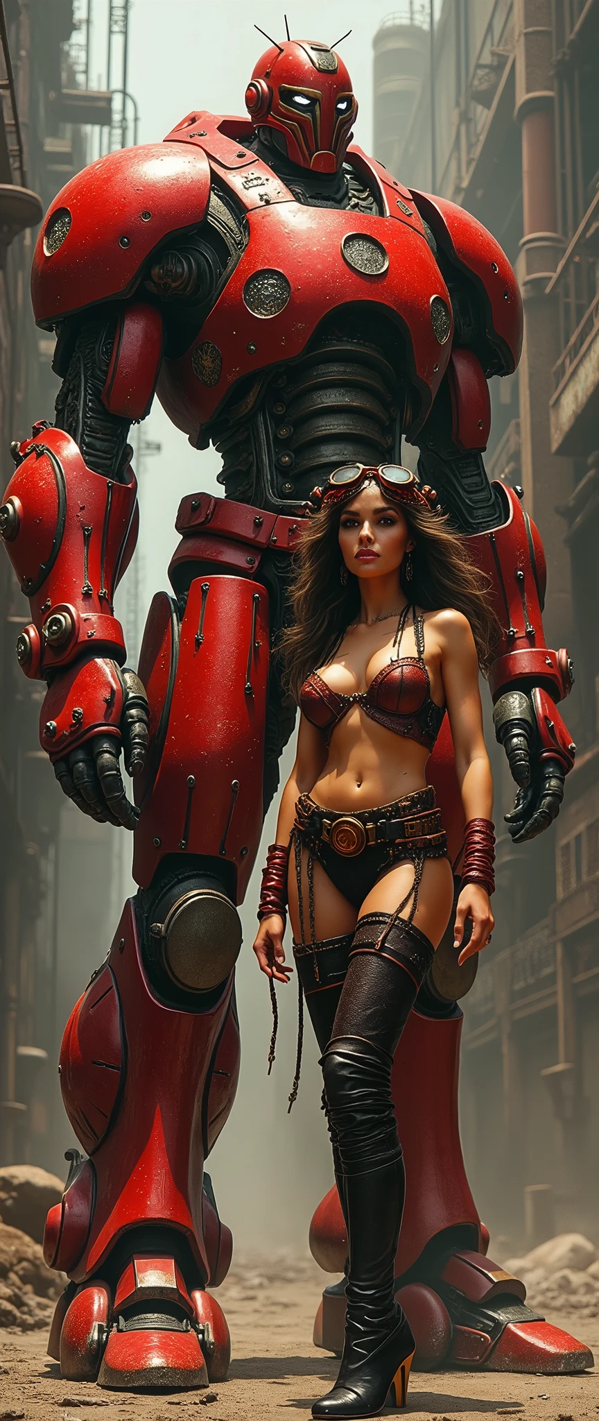 A glamorous steampunk heroine, adorned in intricate Red gold highlights and leather attire, stands confidently next to a colossal, mechanized red and gold titan. The scene is set against a dramatic, industrial backdrop reminiscent of Gerald Brom's dark and fantastical style combined with Frank Frazetta's dynamic and muscular aesthetics. The atmosphere is charged with a blend of gritty steampunk elements and epic fantasy, with an emphasis on bold contrasts and intense energy.