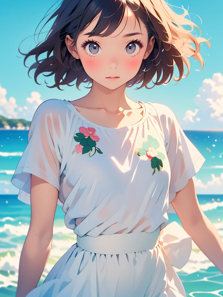 Cute girl drawn in pastel colors, Summer cloth around her, Dancing in the Wind, High quality drawings.