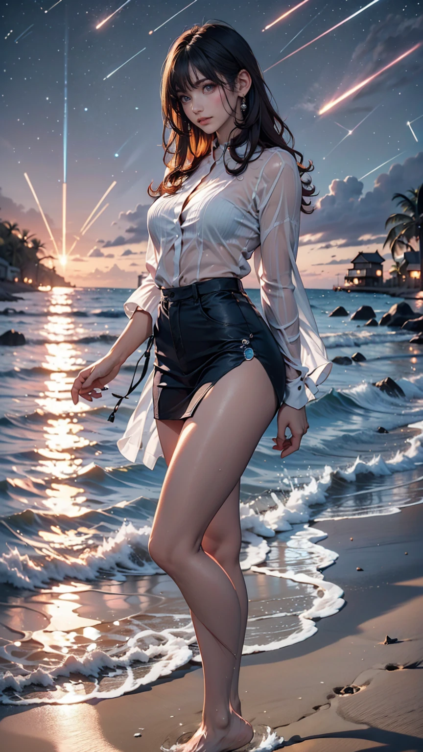 ((masterpiece, Highest quality)), At night, Sheer, thin clothes, girl, Put one foot in the sea using only your toes, girl standing, girl sideways,  between the horizon and the sea, Side view, Ripples spread from my toes, The scene is about 20 metres away., On the Sea, At night, the whole scene is shining, There is a meteor shower