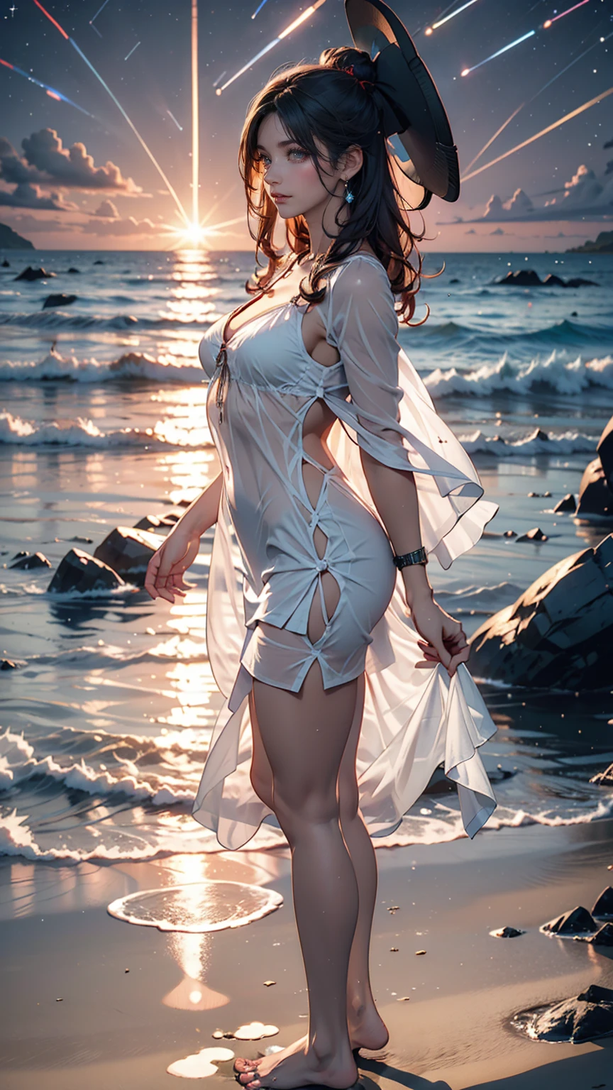 ((masterpiece, Highest quality)), At night, Sheer, thin clothes, girl, Put one foot in the sea using only your toes, girl standing, girl sideways, between the horizon and the sea, Side view, Ripples spread from my toes, The scene is about 20 metres away., On the Sea, At night, the whole scene is shining, There is a meteor shower