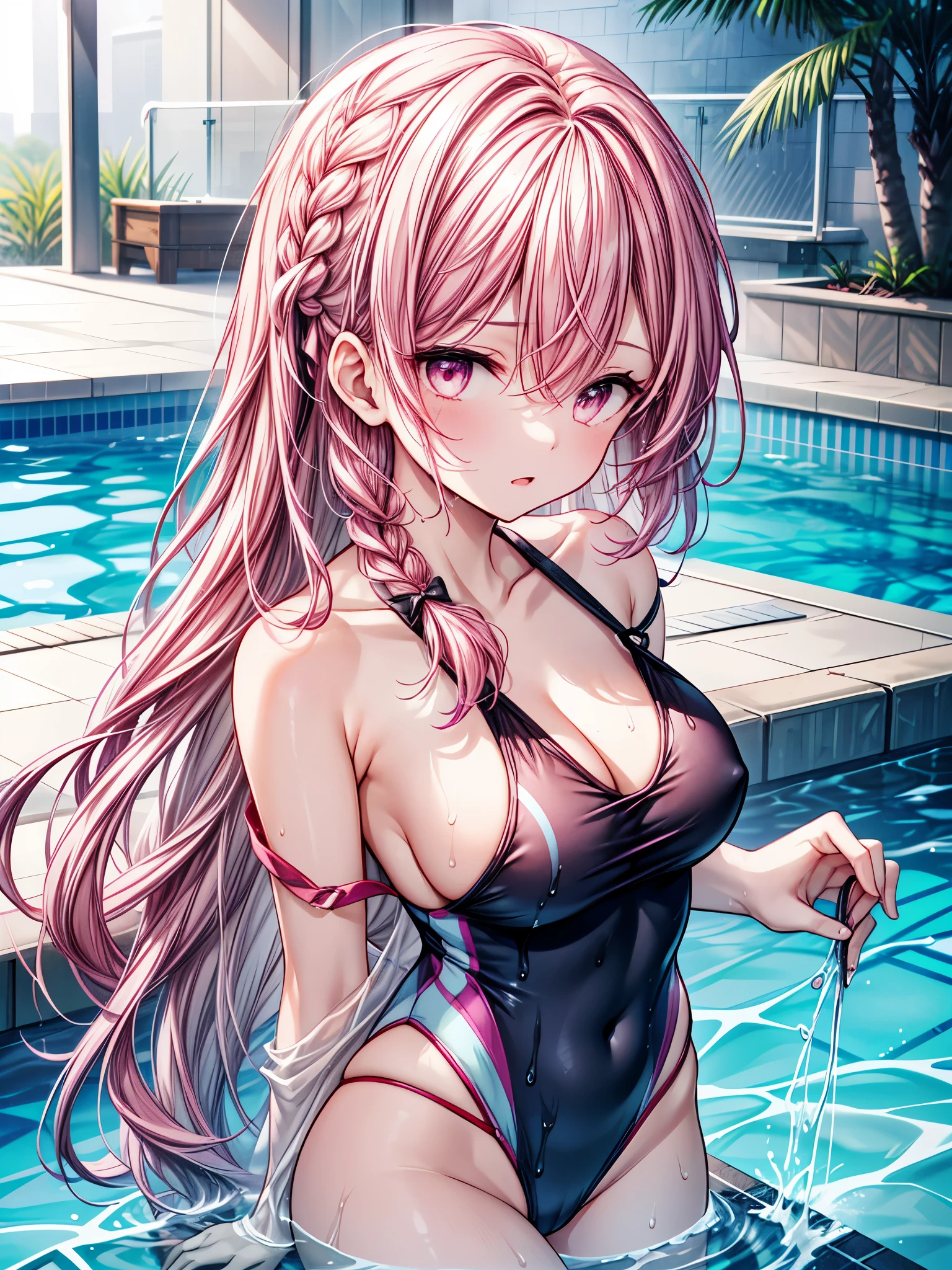 masterpiece, best quality, 1 girl, solo, large breasts, pink eyes, hairs between eyes, crossed bangs, pink hair, braid hair, pool, in the pool, (wet:1.1), water drops, one-piece swimsuit, (strap slip:1.3)