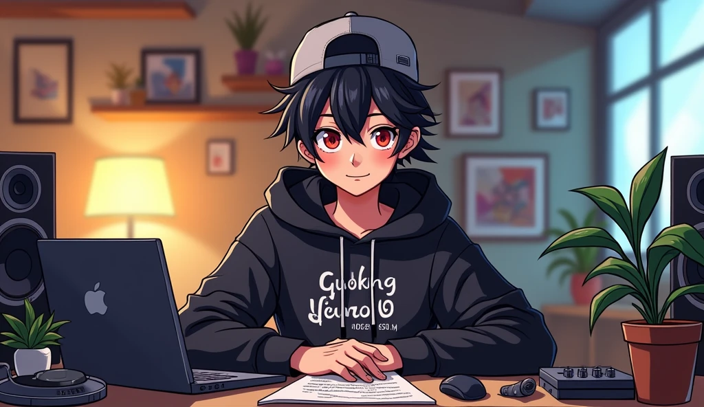 1boy cartoon character, male_focus, hood, YouTube logo, black_hair, solo, hat, hoodie, looking_at_viewer, plant, red_eyes, computer, hood_down, black_hoodie, speaker, laptop, long_sleeves, indoors, sitting, baseball_cap, hair_between_eyes, backwards_hat, chair, clothes_writing, black_headwear, closed_mouth, upper_body, shirt, potted_plant, table, drawstring, bangs, desk