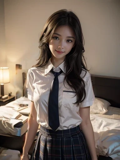 (1girl:1.3), Masterpiece, Best quality, amazing beauty, 4K, absurdres, finely detail, super detailed eye, perfect anatomy, official art, cinematic lighting, BREAK, School, silky medium long hair, black hair, super shiny detailed brown eyes, Staring Intently, open-mouth, closed-mouth smile, shy face, BREAK , big breasts, white skin, pale skin, Are standing, standing, full body, BREAK , (school uniform:1.2), BREAK,()				