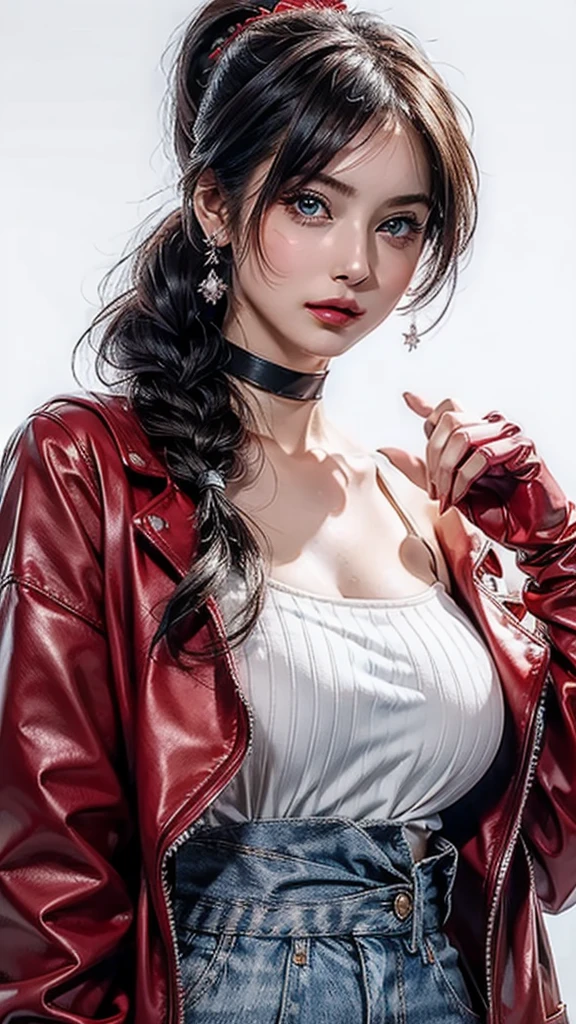 ((Beautiful Face:1.4)), (Purelos Face_v1: 1.0), Half Body,((White simple background)),one person, return,((Natural Big Breasts:1.0)), (Beautiful Japanese Women),bangs, Exposing shoulders, black gloves, Blue eyes, Braiding, choker, Earrings, fingerless gloves, From behind, gloves, Grey Hair, Holding, Jacket, jewelry, Long Hair, View your viewers, looking return, Manicure, Off the shoulder, Lips parted, Earrings, ponytail, red Jacket, alone, Upper Body,[[Realistic]],(Glowing Skin),(masterpiece:1.4),(Highest quality:1.4)