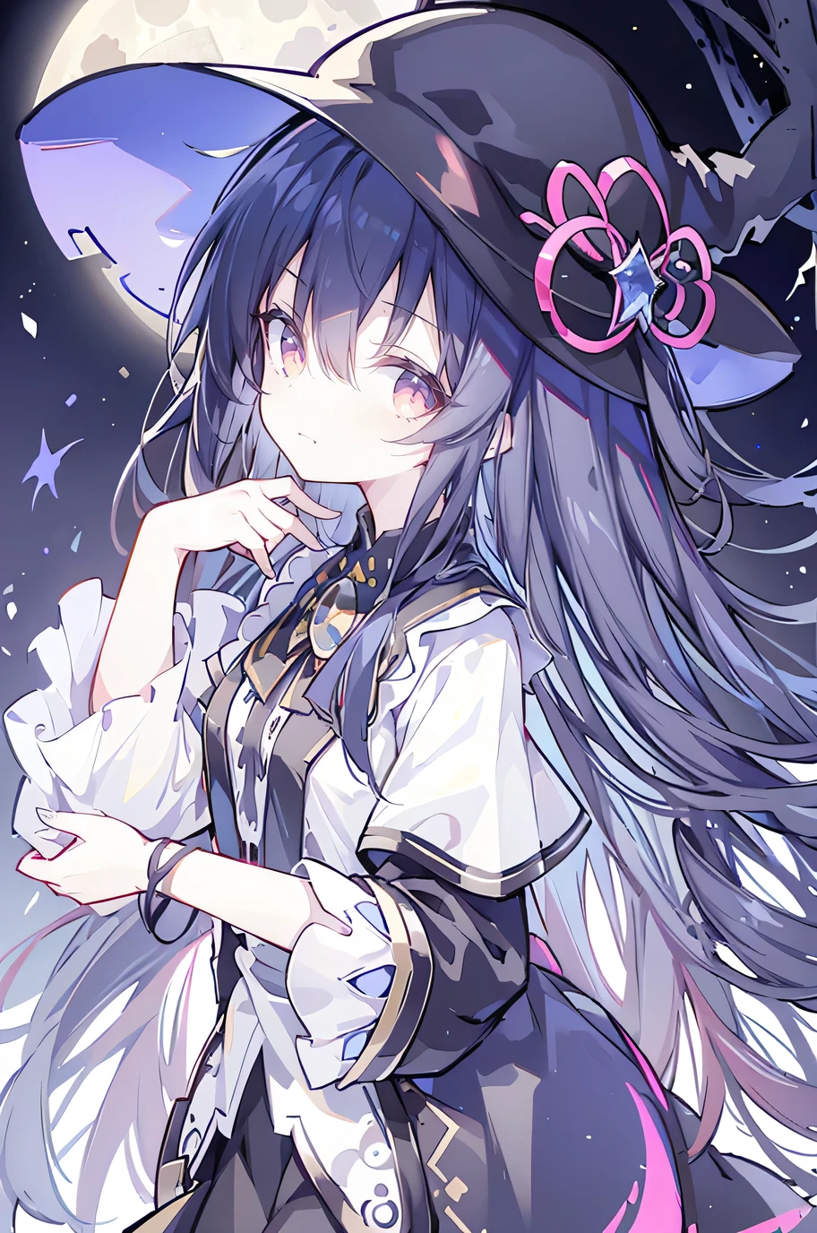 oung Girls,Humanity,A magician always smiles,big witch hat,cute,dark blue long hair,The eyes are dull,The bangs are heavy,Thin eyebrows,fantasy,intake,Double teeth,Star Theme,Constellation pattern,Solid color clothetal decoration,cloak,A bit of a dark atmosphere,A little crazy smile,When the big moon shines outside at night,blood,Hair black star embellishment,Short tie,No nails,High waist skirt,Bell sleeves,Long-sleeved shirt,Black tie,low risk,gentlemen。Mist、Yellow and white effect,Shocking pink as an accent color