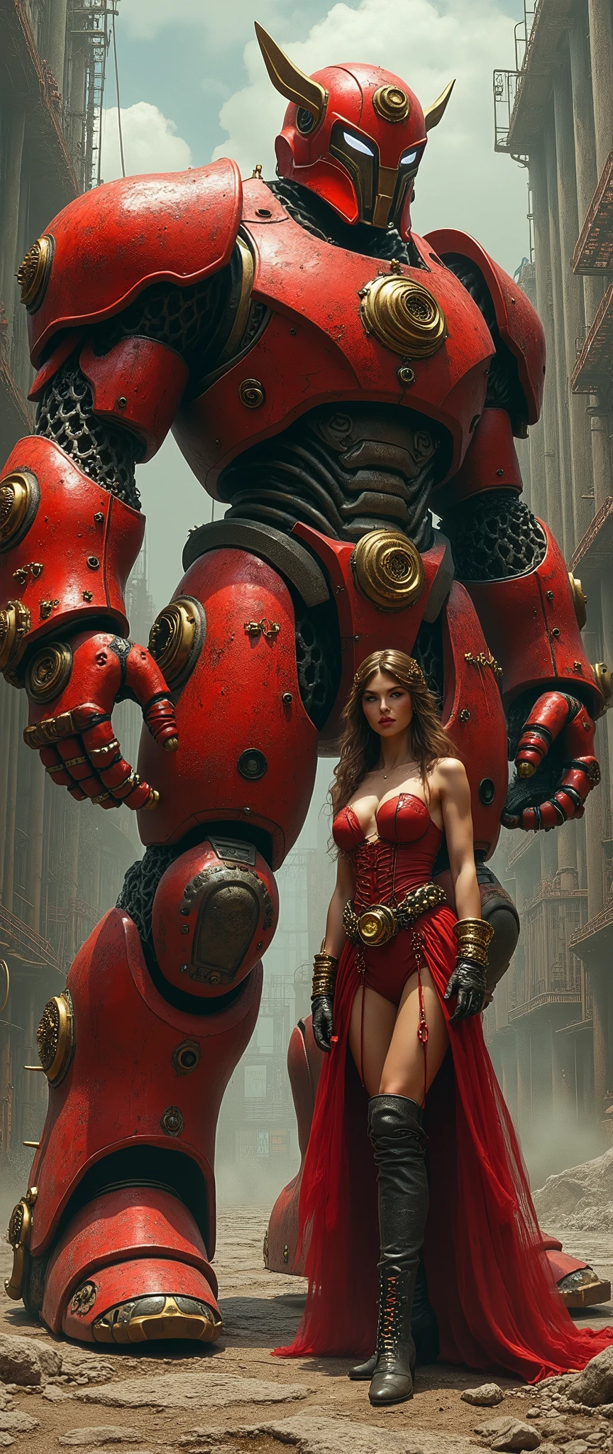 A glamorous steampunk heroine, adorned in intricate Red gold highlights and leather attire, stands confidently next to a colossal, mechanized red and gold titan. The scene is set against a dramatic, industrial backdrop reminiscent of Gerald Brom's dark and fantastical style combined with Frank Frazetta's dynamic and muscular aesthetics. The atmosphere is charged with a blend of gritty steampunk elements and epic fantasy, with an emphasis on bold contrasts and intense energy.