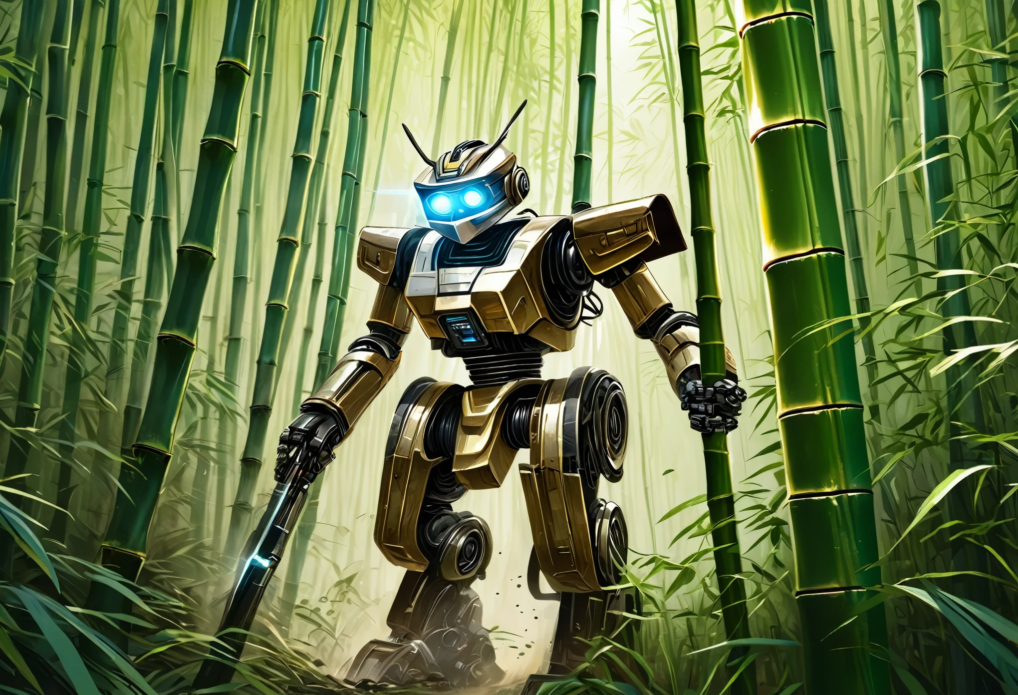 A metallic robot (obviously mechanical, dressed like a poor Chinese worker) is wandering through a dense bamboo forest, cutting and collecting Bamboo poles using a laser sword