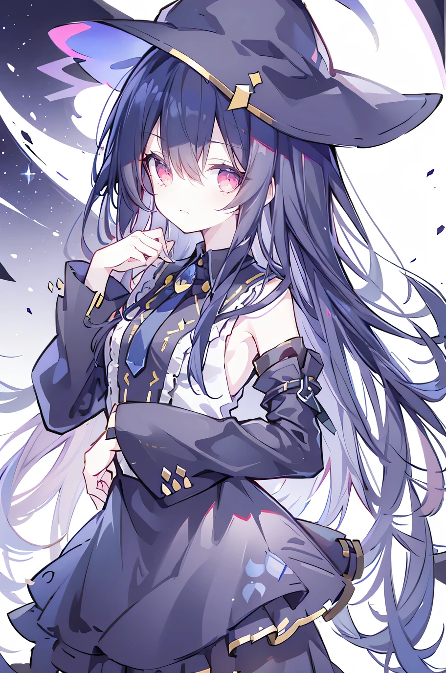 oung Girls,Humanity,A magician always smiles,big witch hat,cute,dark blue long hair,The eyes are dull,The bangs are heavy,Thin eyebrows,fantasy,intake,Double teeth,Star Theme,Constellation pattern,Solid color clothetal decoration,cloak,A bit of a dark atmosphere,A little crazy smile,When the big moon shines outside at night,blood,Hair black star embellishment,Short tie,No nails,High waist skirt,Bell sleeves,Long-sleeved shirt,Black tie,low risk,gentlemen。Mist、Yellow and white effect,Shocking pink as an accent color