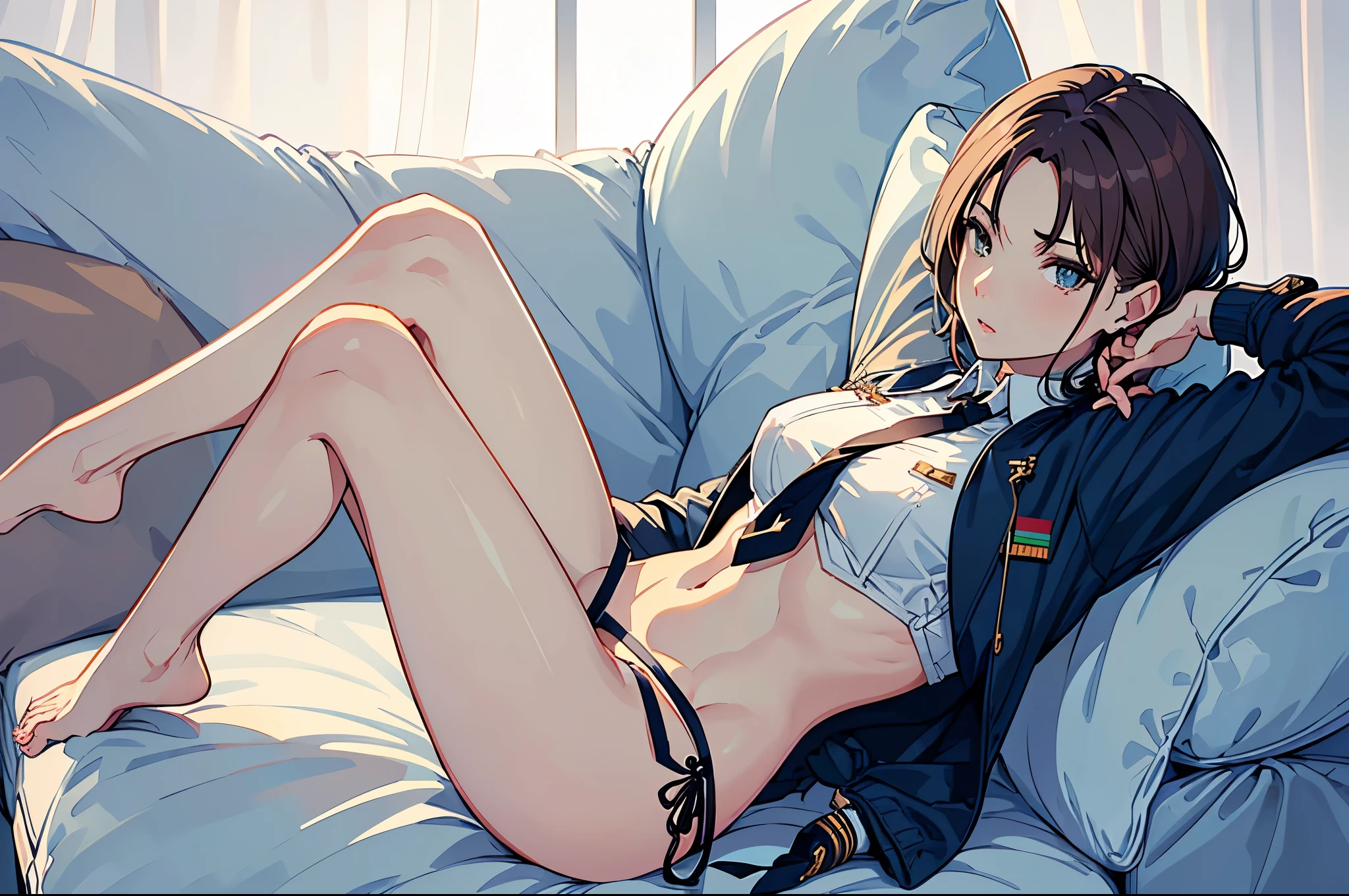 masterpiece, (Perfect Anatomy:1.5), highest quality, 1 lady , slender, leggy, (((small breasts))), Seductive, brown hair, short hair, (wear a white long sleeved shirt, tie, navy officer jacket:1.5), white bikini pantie , barefoot, Perfect hands, Perfect body, reclining, lying on a sofa, leg lift , looking away, ((Exquisite detail)), Very finely crafted fingers(((10 fingers))), (full body showcase), (Show your whole body), (no background), (No logo) , high resolution, parted lips, belly button , feet up, arms up